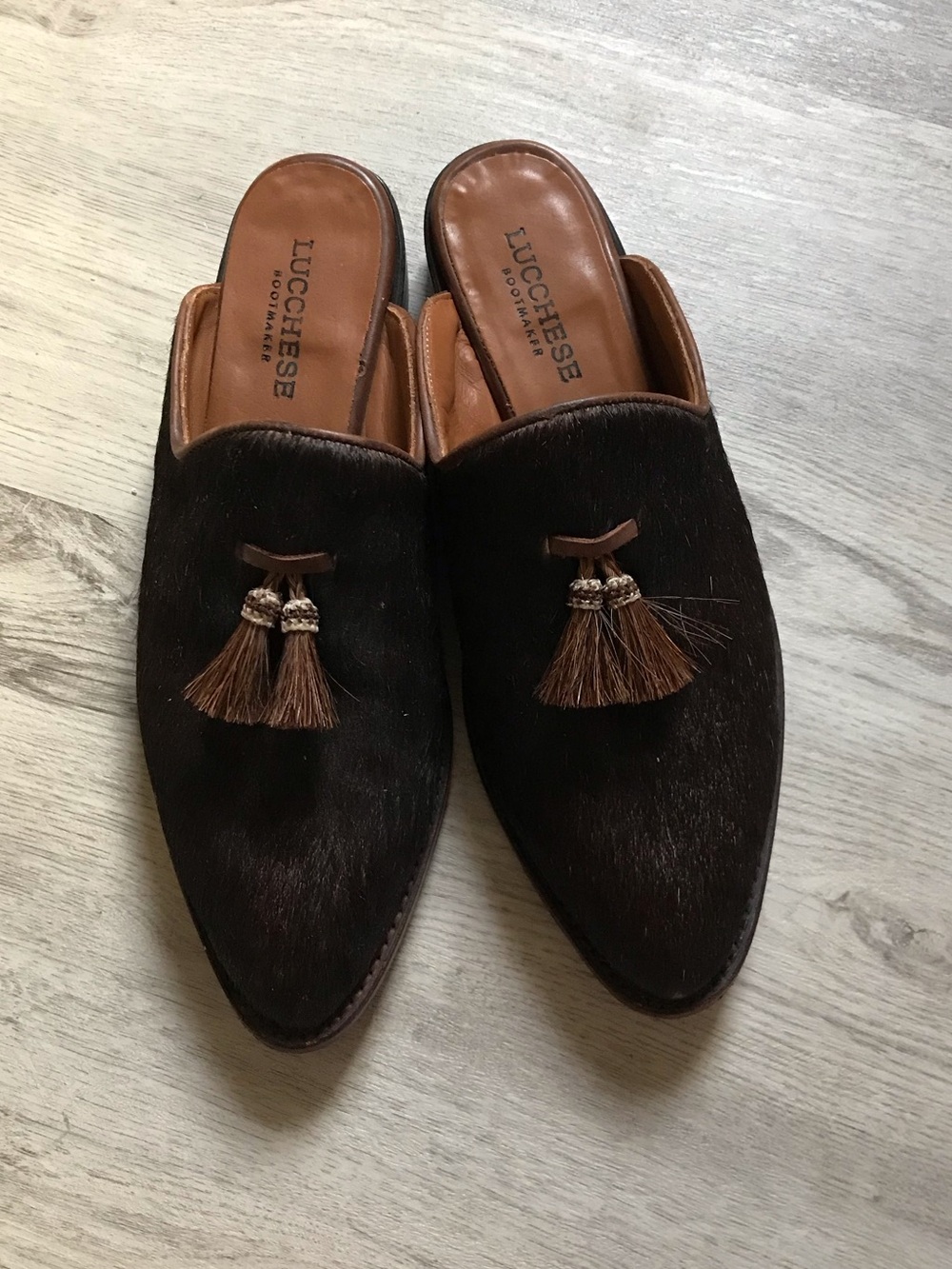 Lucchese Dark Brown Haircalf Mules with Tassel Accent Size 8 no box